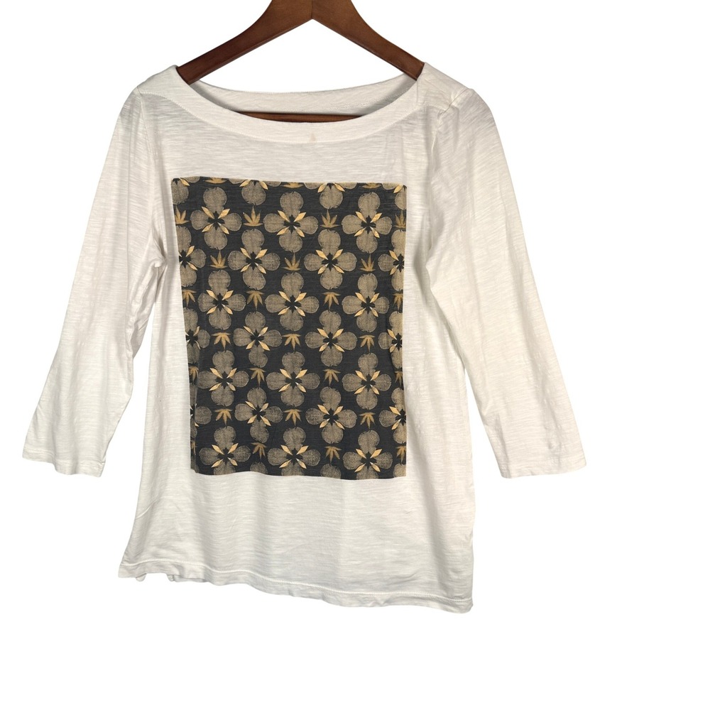 LOFT Ann Taylor Womens White Slub Knit Graphic Boat Neck 3/4 Sleeve Top Size M